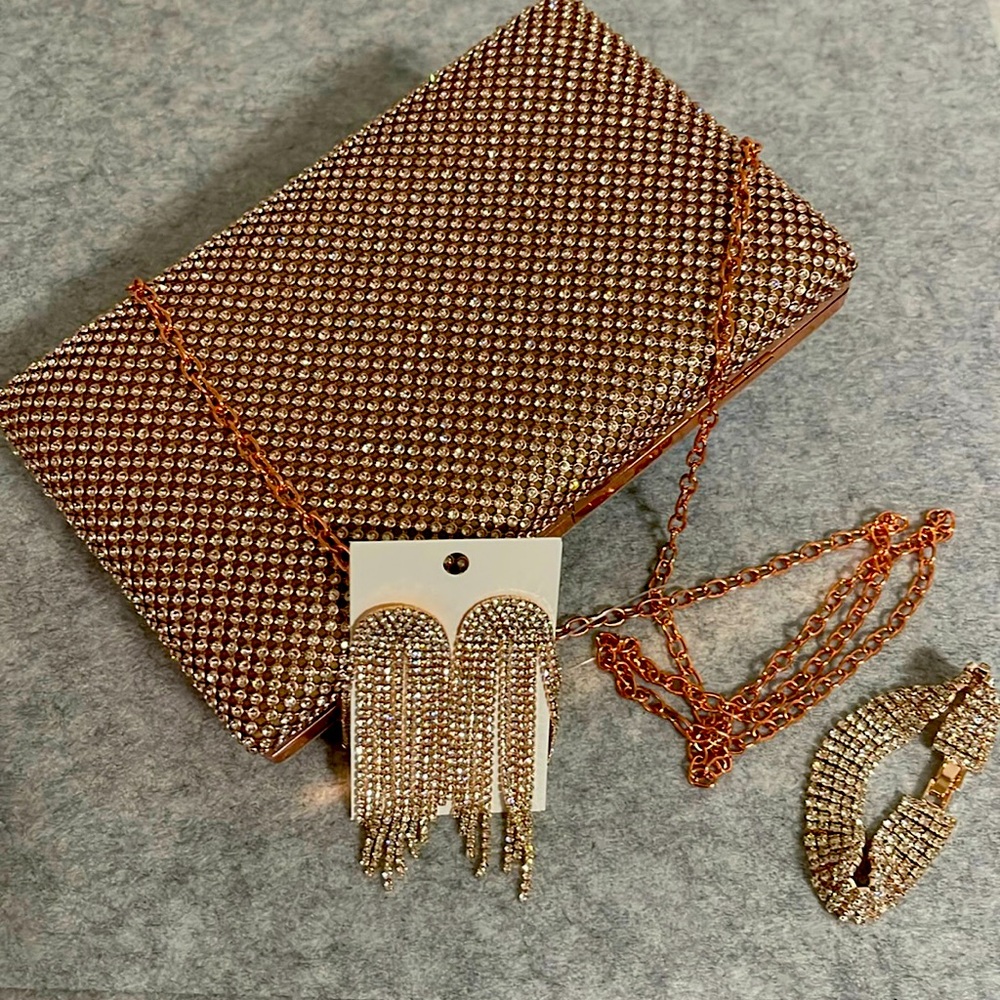 Set of 3, Clutch Bag w/47” Shoulder Chain, Crystal Bracelet & Earrings